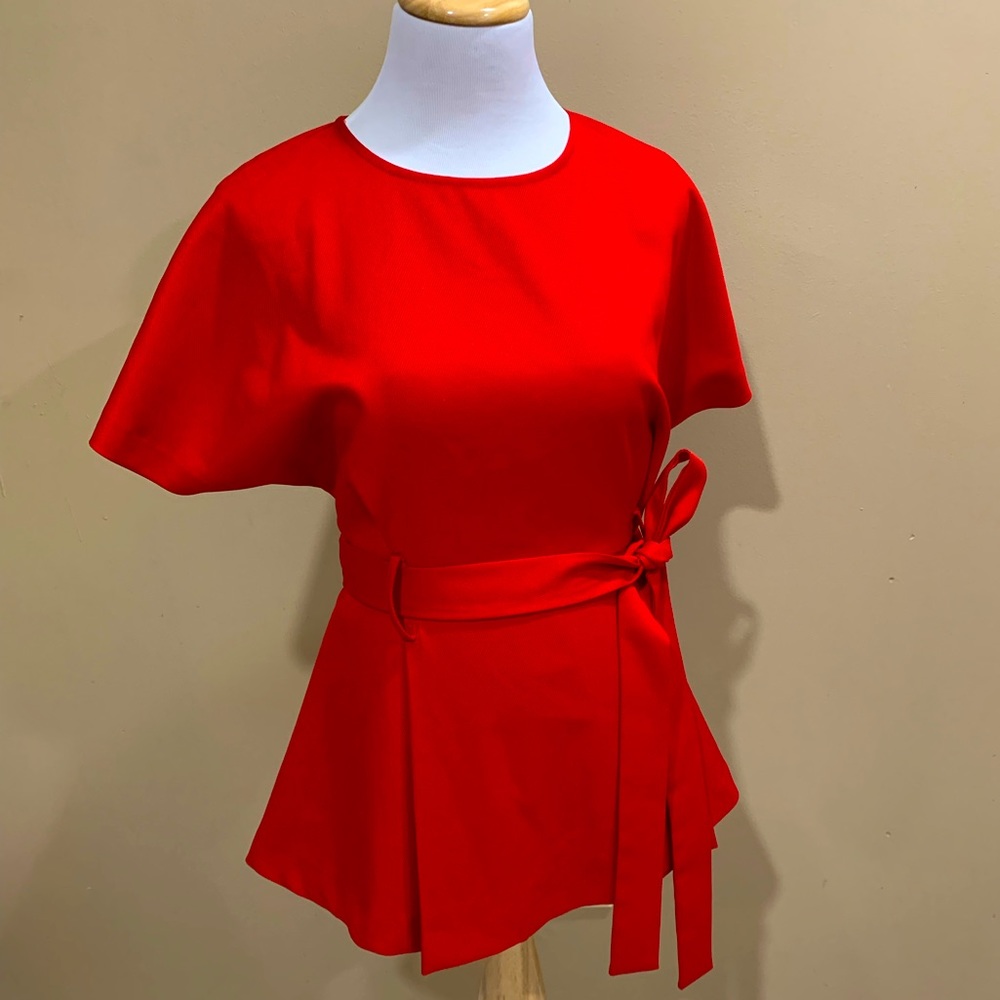 Cremieux Red Peplum Tie Waist Blouse, size M